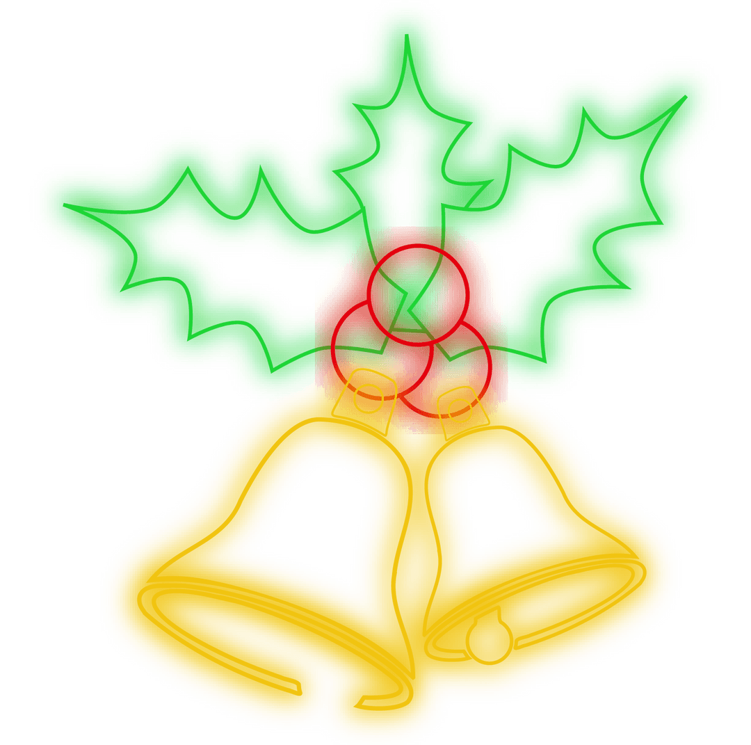 Transparent Neon Christmas Bells with Mistletoe Iconography