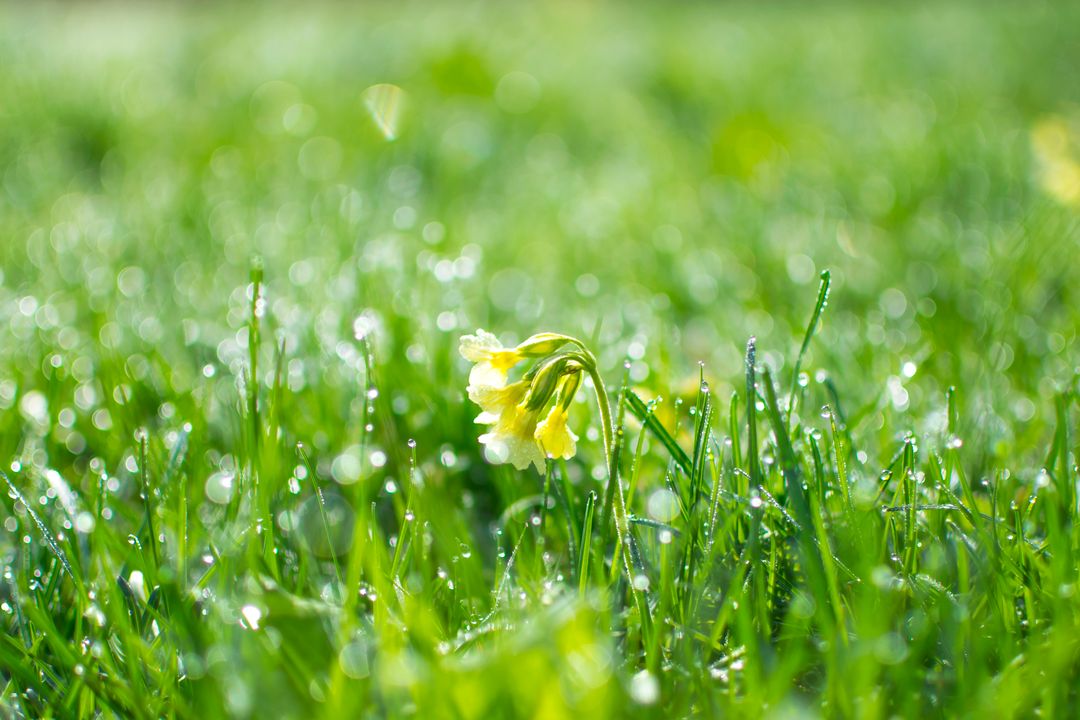 Closeup of Dew Covered Flower in Green Grass on Sunny Morning - Free Images, Stock Photos and Pictures on Pikwizard.com