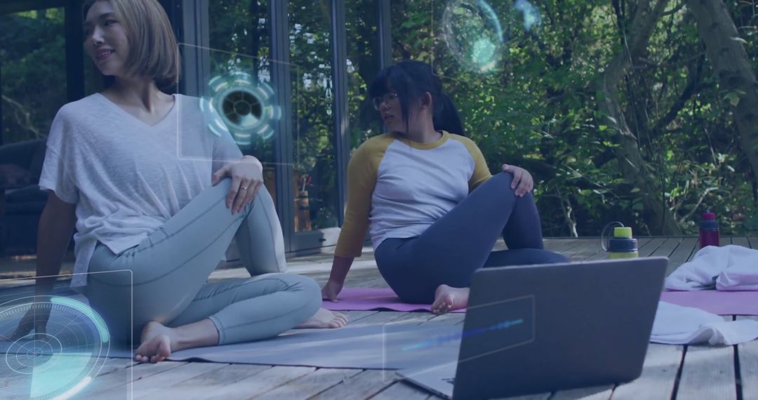 Digital Yoga Session with Technology Overlay in Outdoor Setting