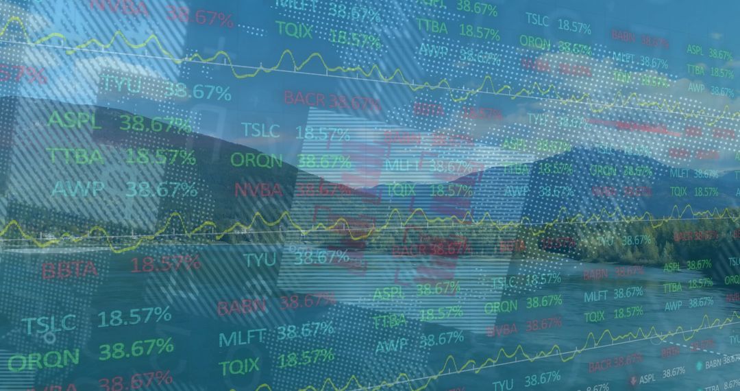 Stock Market Data Overlay on Tranquil Mountain Lake