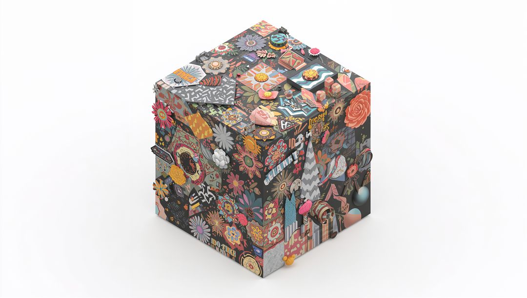 Handcrafted collage cube featuring floral motifs, buttons, pompoms and geometric patterns