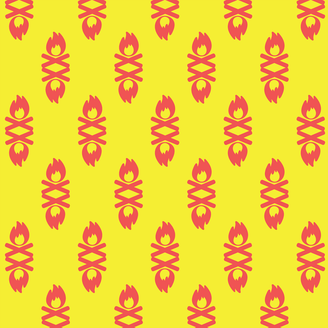 Abstract Red Fire Icons Repeating on Yellow Background