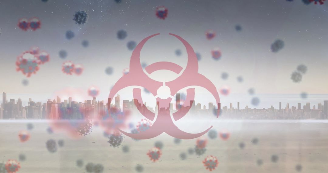 Biohazard Symbol Over Cityscape With Floating Virus Particles