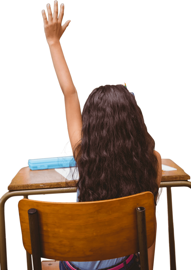Back View of Girl Raising Hand in Classroom on Transparent Background