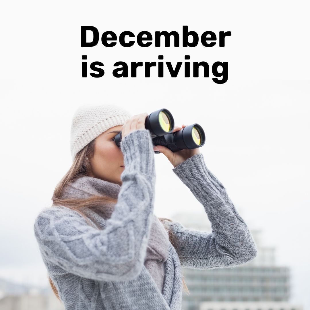 Anticipatory Winter: Woman with Binoculars and Cozy Attire
