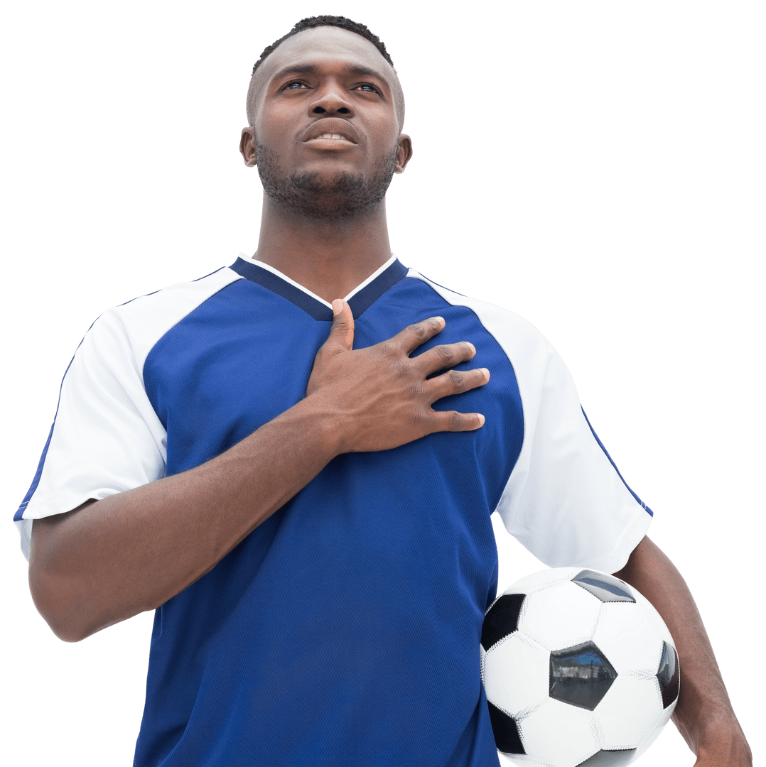 Motivated Football Player Holding Soccer Ball on Transparent Background