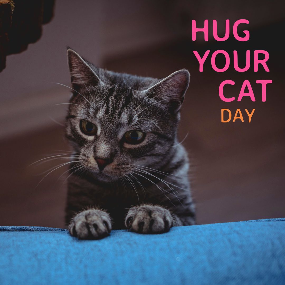 Cat Sitting on Blue Sofa, Pose for Hug Your Cat Day Campaign