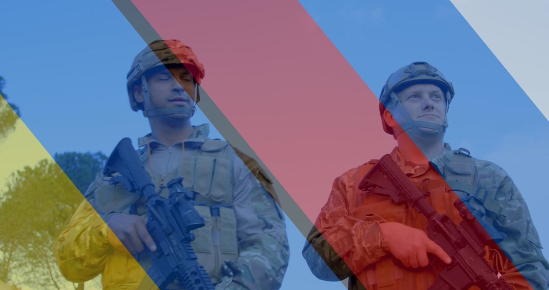 Soldiers with Ukraine and Russia Flag Overlay for International Crisis