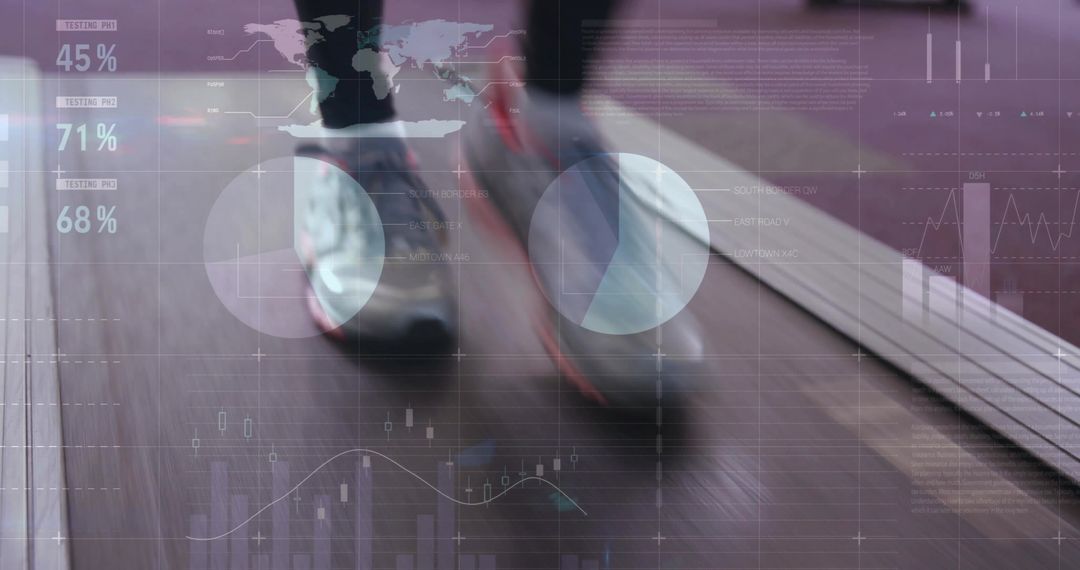 Closeup of Feet Running on Treadmill with Data Overlay