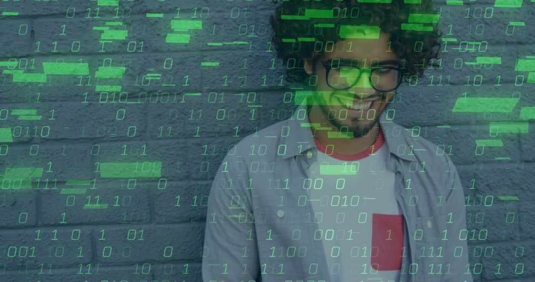 Smiling Professional with Binary Code Overlay on Urban Brick Wall