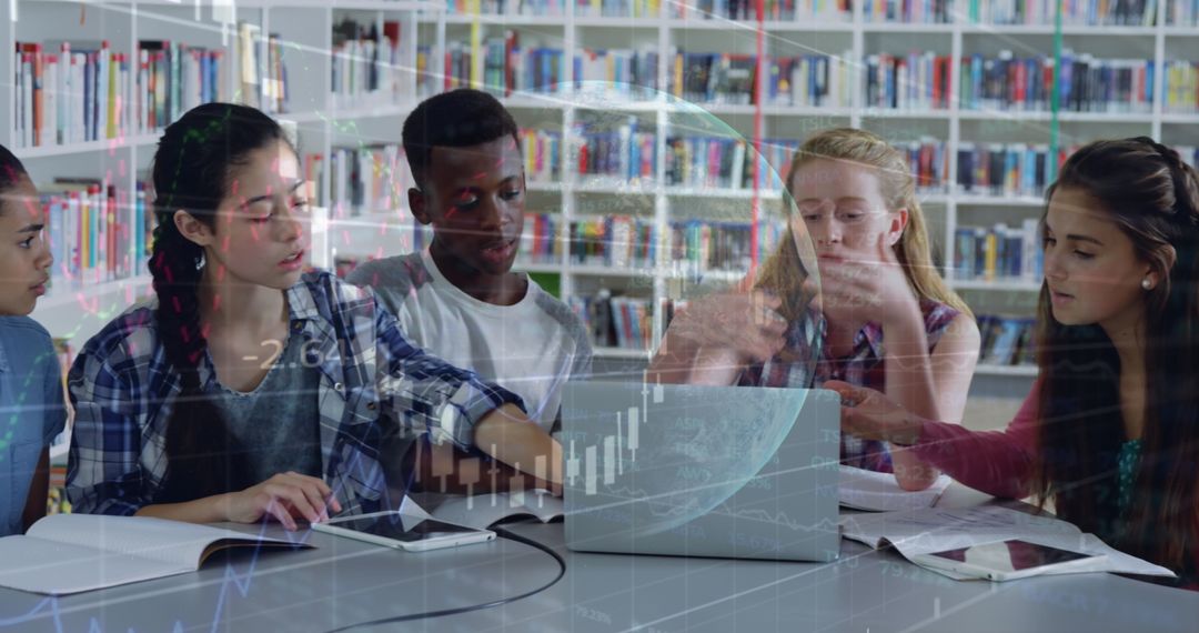 Diverse Students Collaborating Over Laptop on Global Project in Library