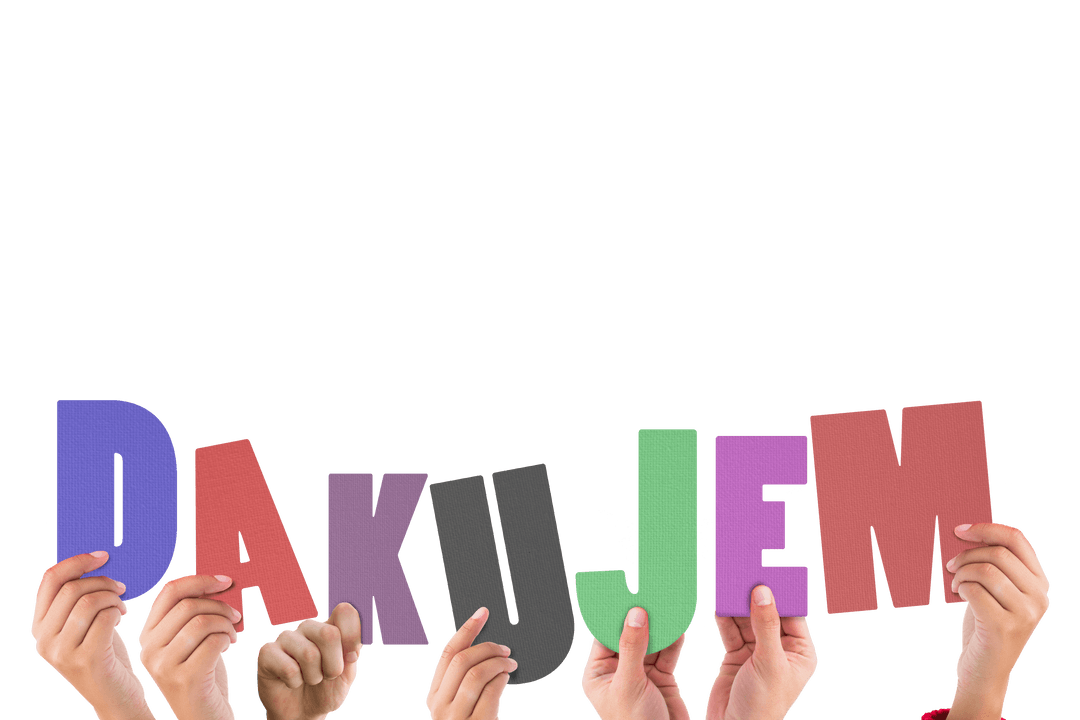 Hands Holding Colourful 'Dakujem' Text on Transparent Background