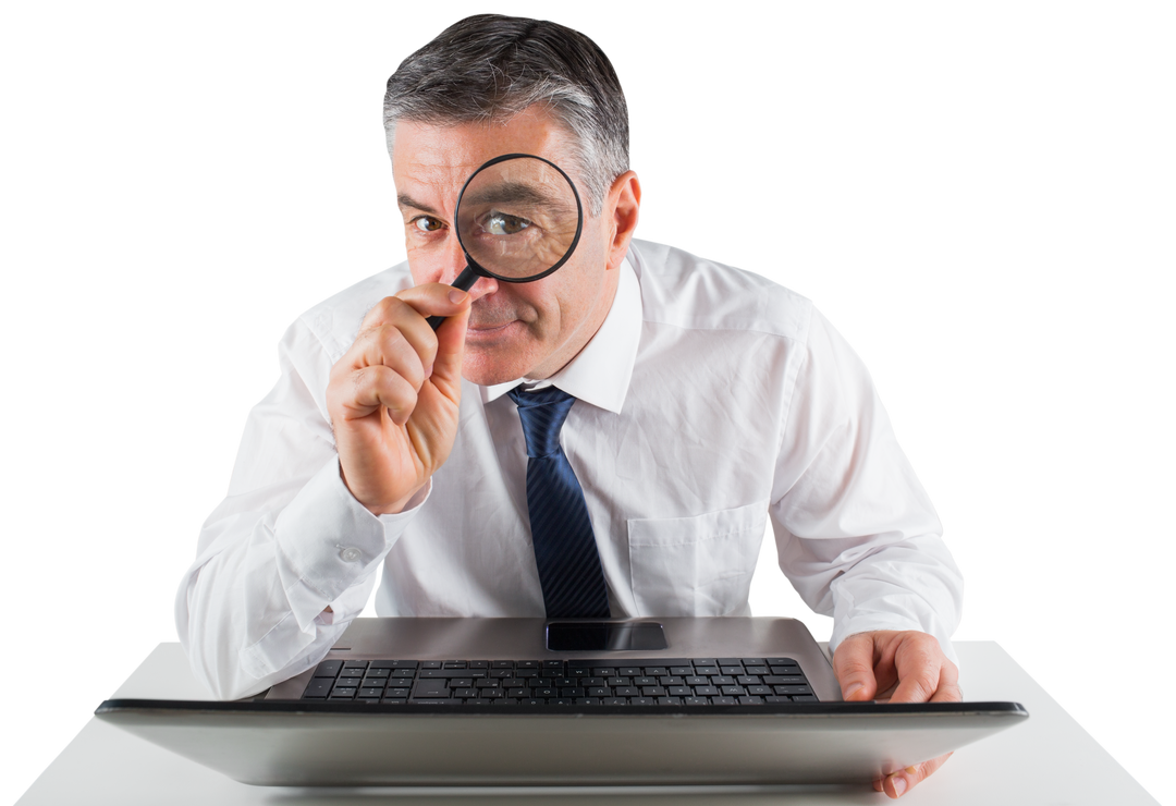 Mature Businessman Examining Papers with Magnifying Glass, Transparent Background - Download Free Stock Images Pikwizard.com