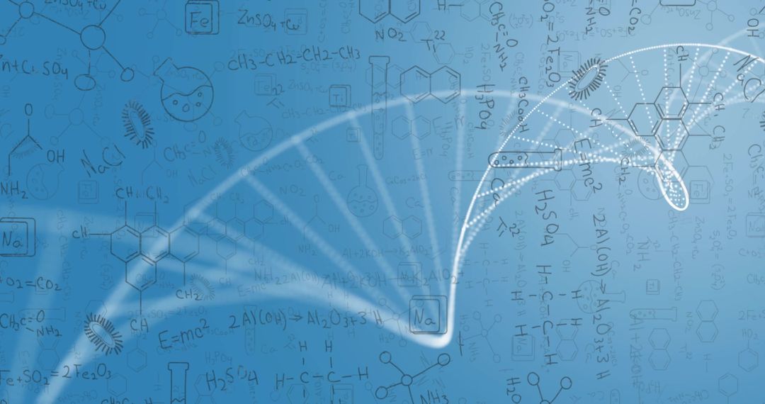 DNA Strand with Chemical Equations in Blue Digital Interface