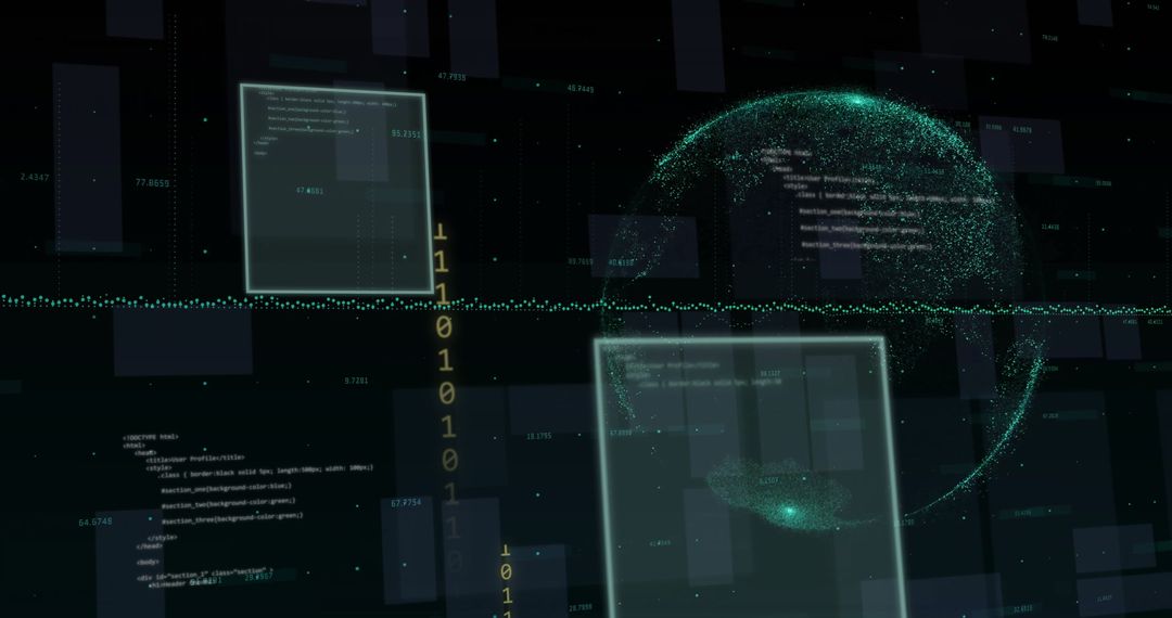 Globe with Digital Interfaces and Data Streams on Black Background