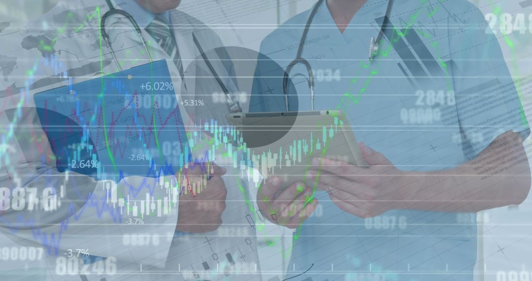 Doctors Analyzing Data in Medical and Financial Technology Interface