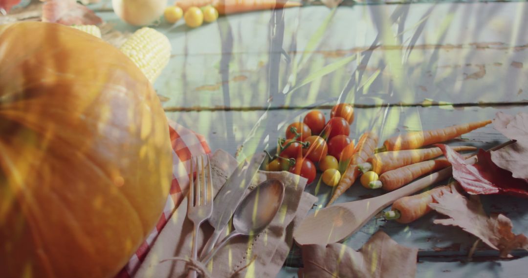 Harvest Arrangement with Pumpkin and Autumn Veggies on Rustic Surface