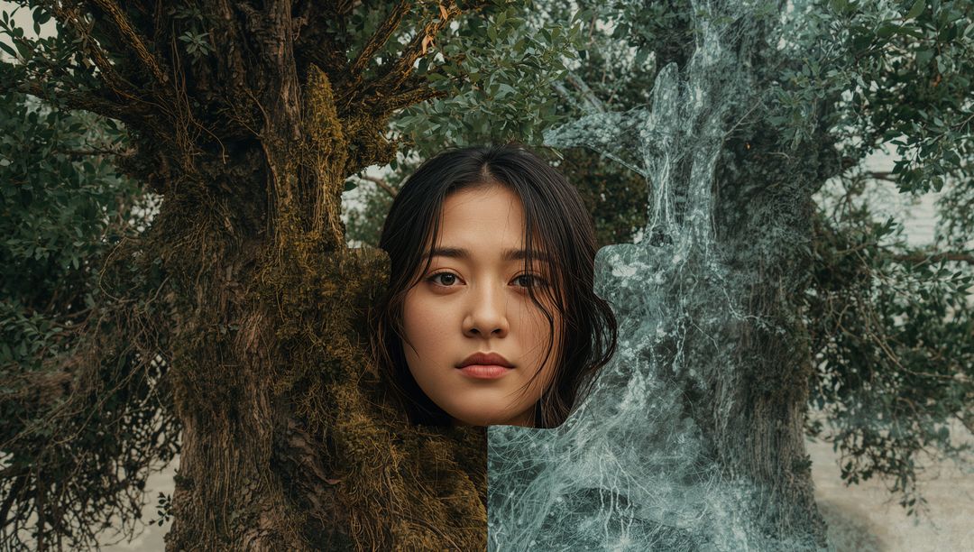 Gazing Asian woman blending with mossy tree trunk and flowing water overlay, ethereal