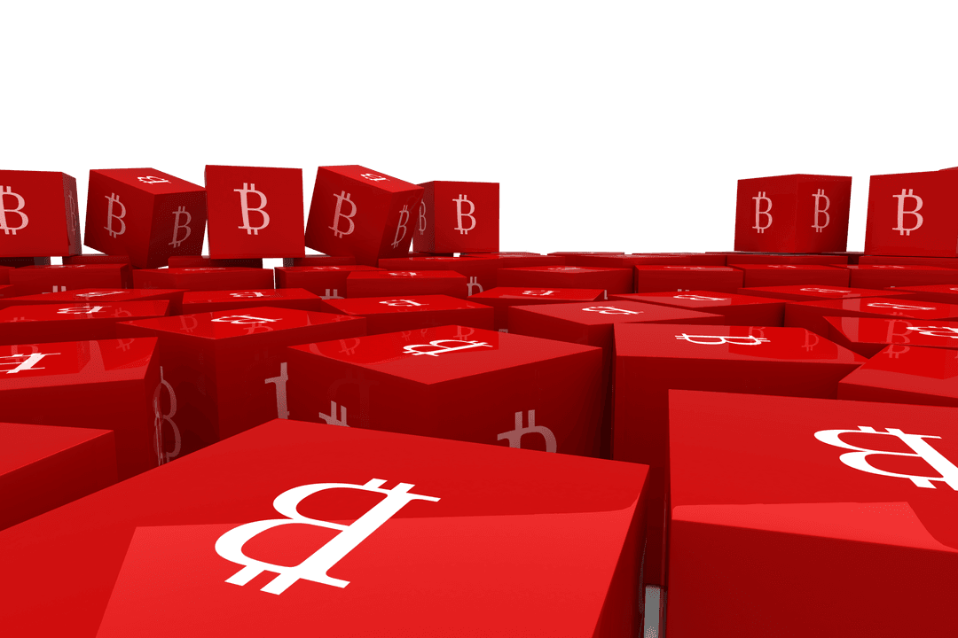 Red Transparent Crypto Cubes with Bitcoin Sign Tumble Across