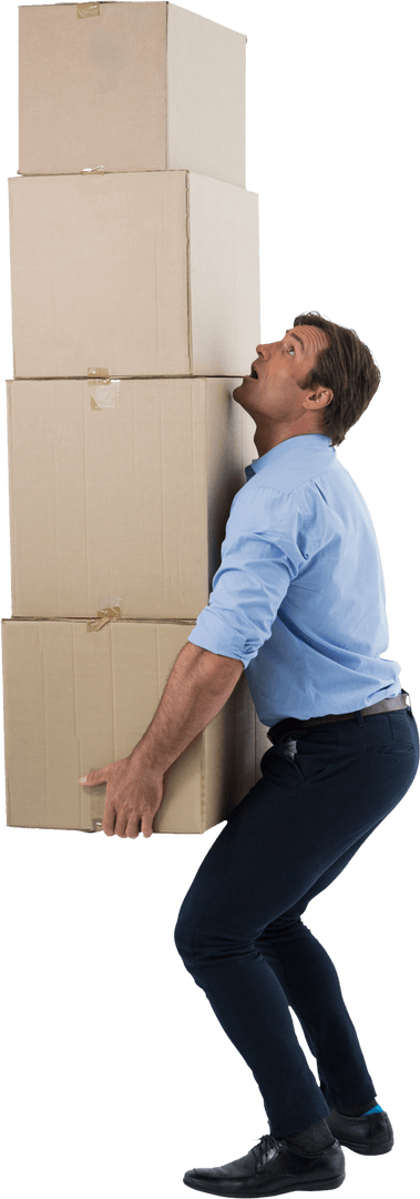 Transparent Man Carrying Tall Stack of Cardboard Boxes