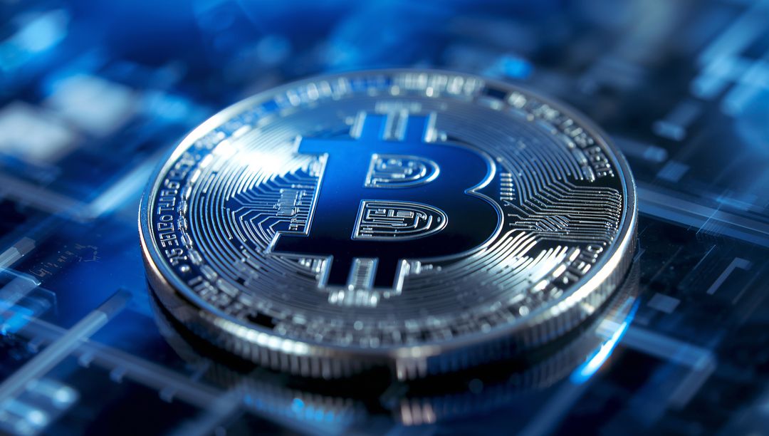 Shining Bitcoin on Circuit Board with Futuristic LED Glow