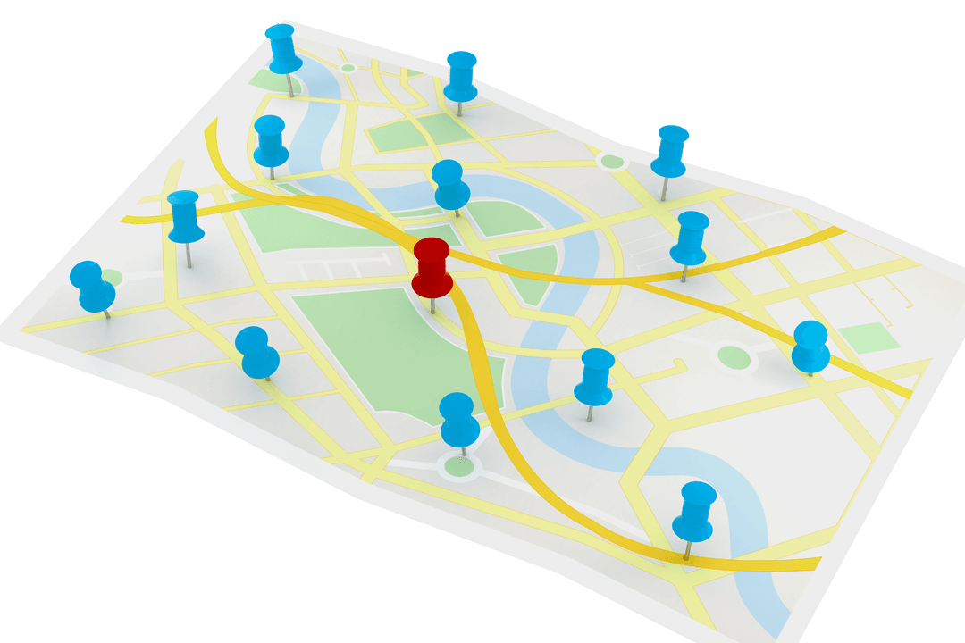 Digital Map Illustration with Coloured Markers on Transparent Background