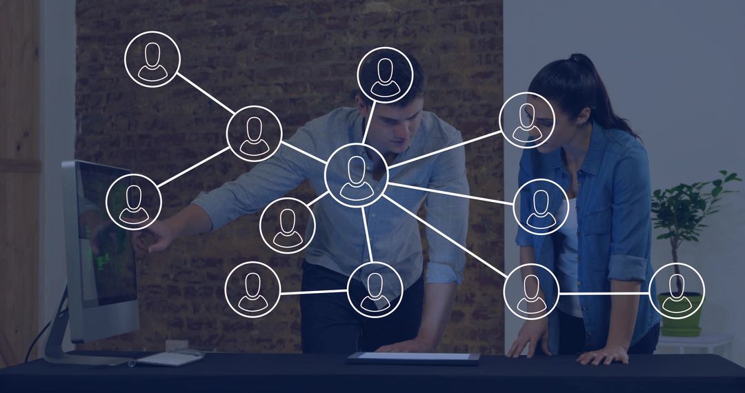 Office Colleagues Collaborating with Network Icons Overlay