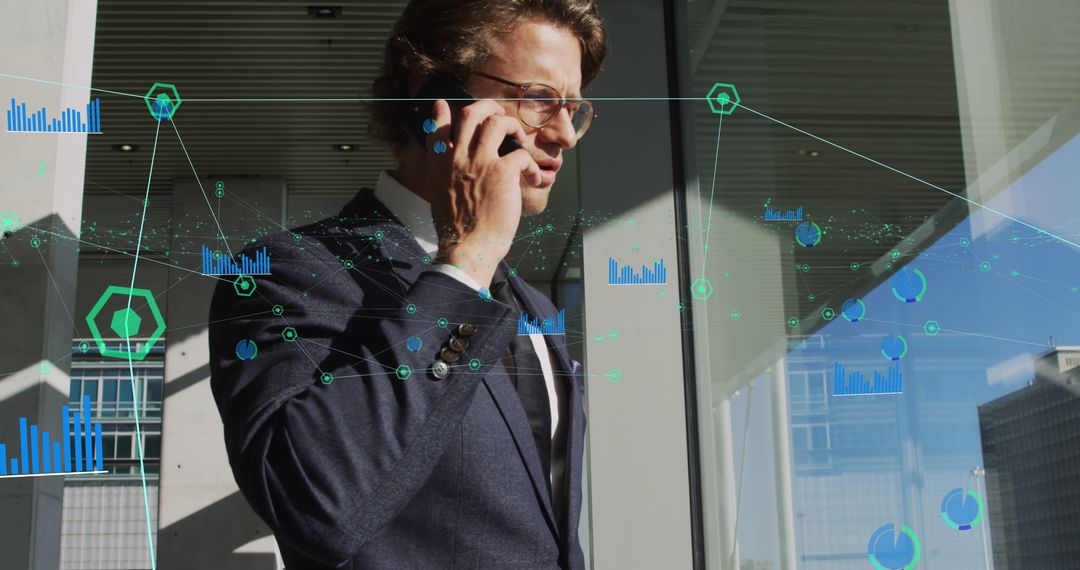 Professional Caucasian Businessman Using Smartphone with Digital Data Concept