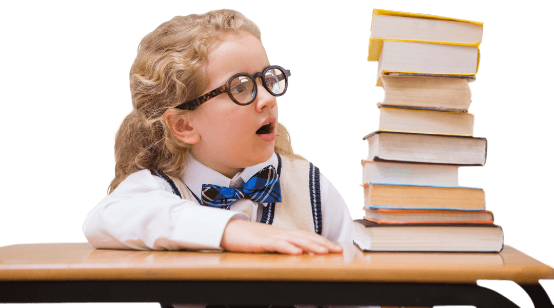 Surprised Young Student Seeing Tall Stack of Books Transparent Background