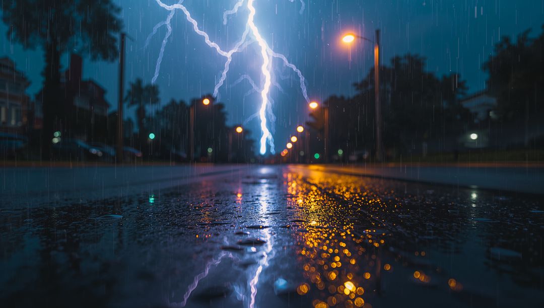 Thunderstorm Night with Lightning Over Suburban Street
