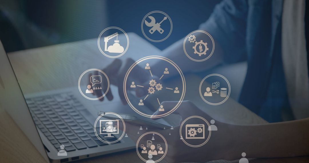 Digital networking icons overlay on workspace