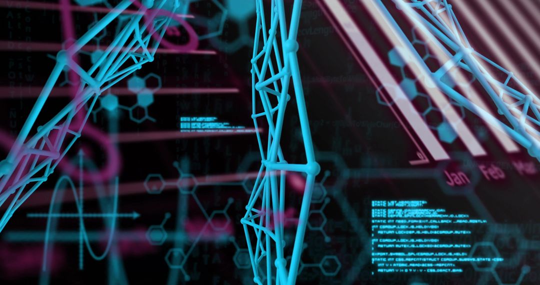 Turquoise 3D Molecular Lattice Pulsing Over Neon Holographic Data Network Visualization