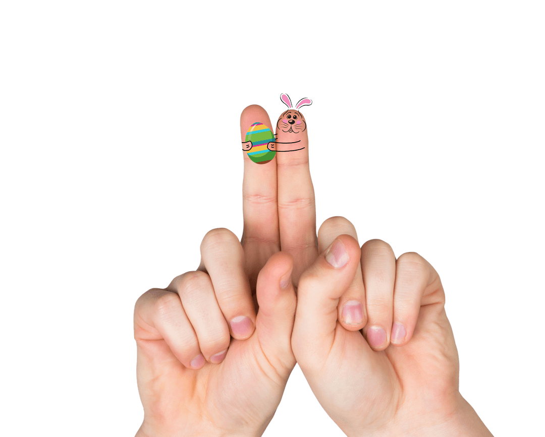Fingers Decorated with Easter Figures on Transparent Background
