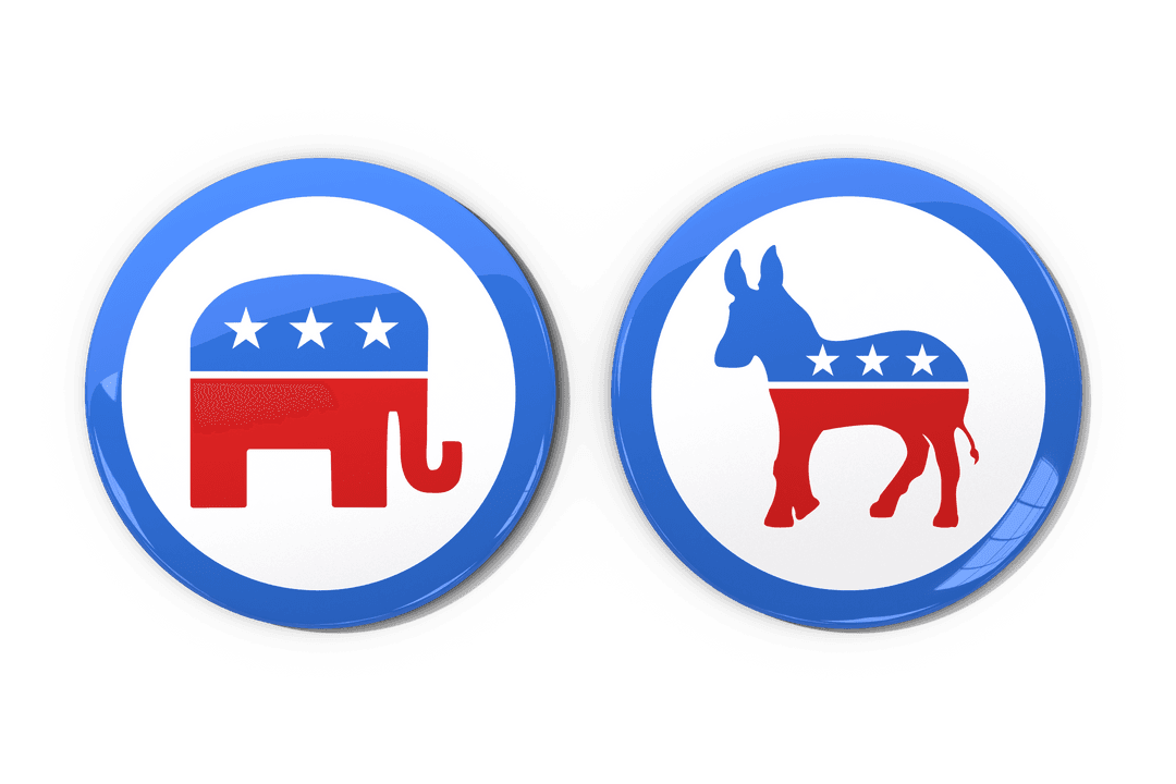 Transparent Circles with Elephant and Donkey Symbols Representing Political Parties