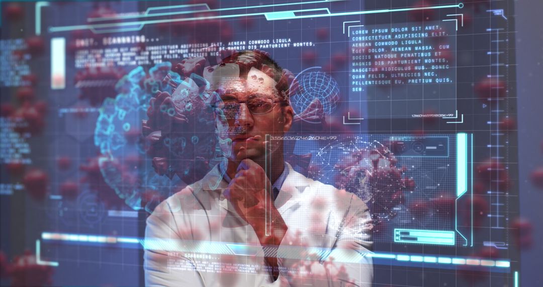 Scientist Analyzing Futuristic Holographic Virus Model in Laboratory