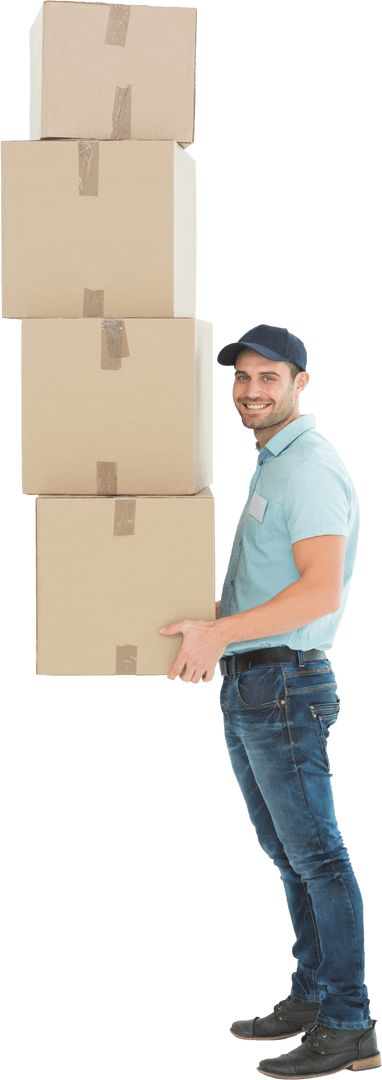 Confident Delivery Man Balancing Cardboard Boxes Transparent Background