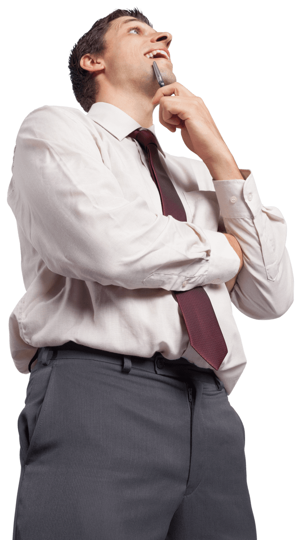 Transparent Businessman Thinking Holding Pen Chin Meditating