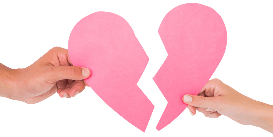 Couple Holding Broken Heart Halves on Transparent Background