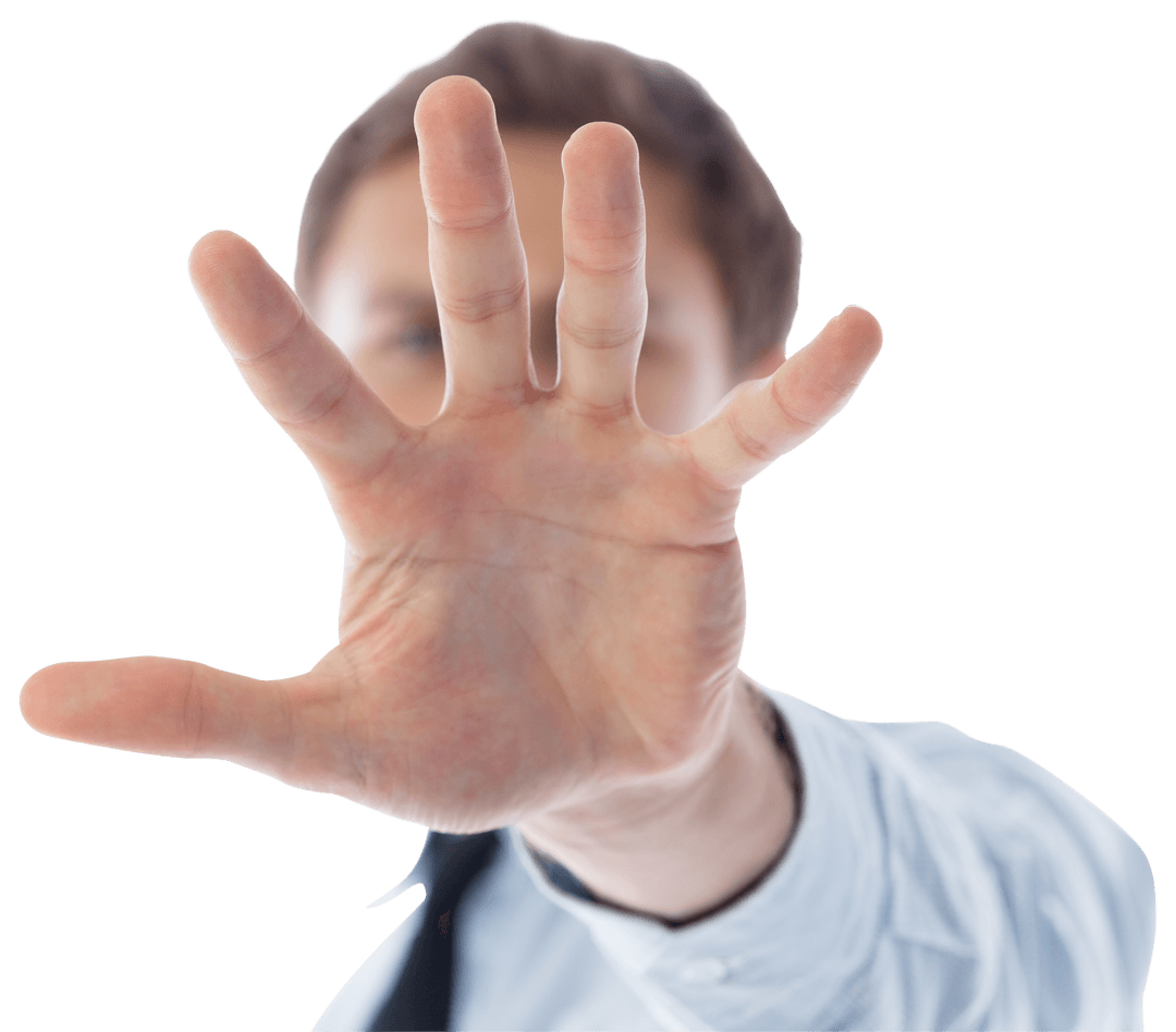 Transparent Businessman Reaching Forward with Open Hand Gesture