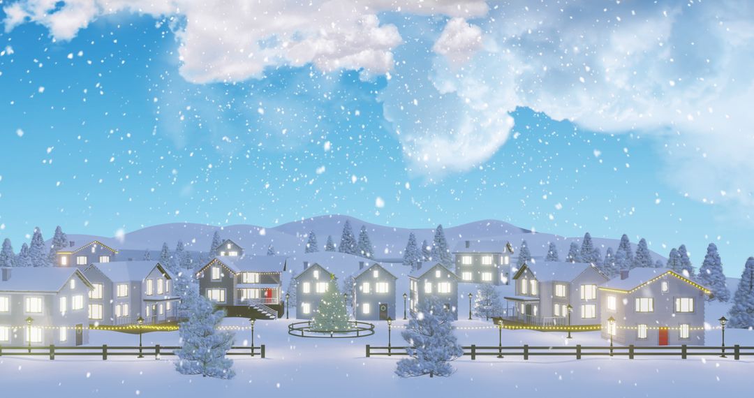 Wintry Scene with Snowfall over Festive Village