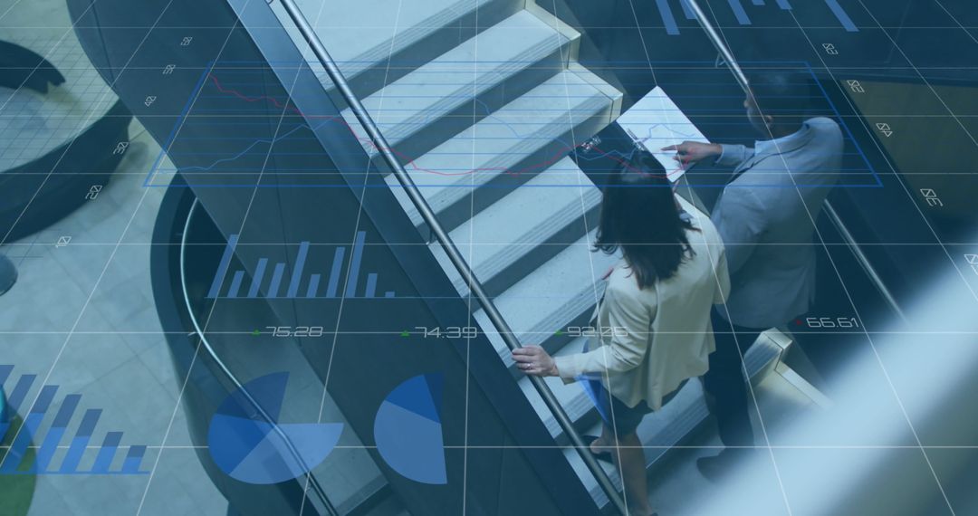 Business Team Analyzing Reports with Digital Financial Graph Overlay