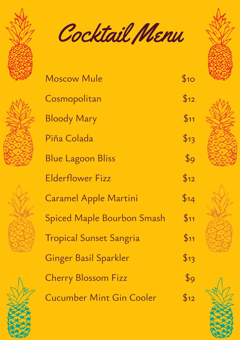 Bright Tropical Cocktail Menu with Pineapples and Summer Vibes - Download Free Stock Templates Pikwizard.com