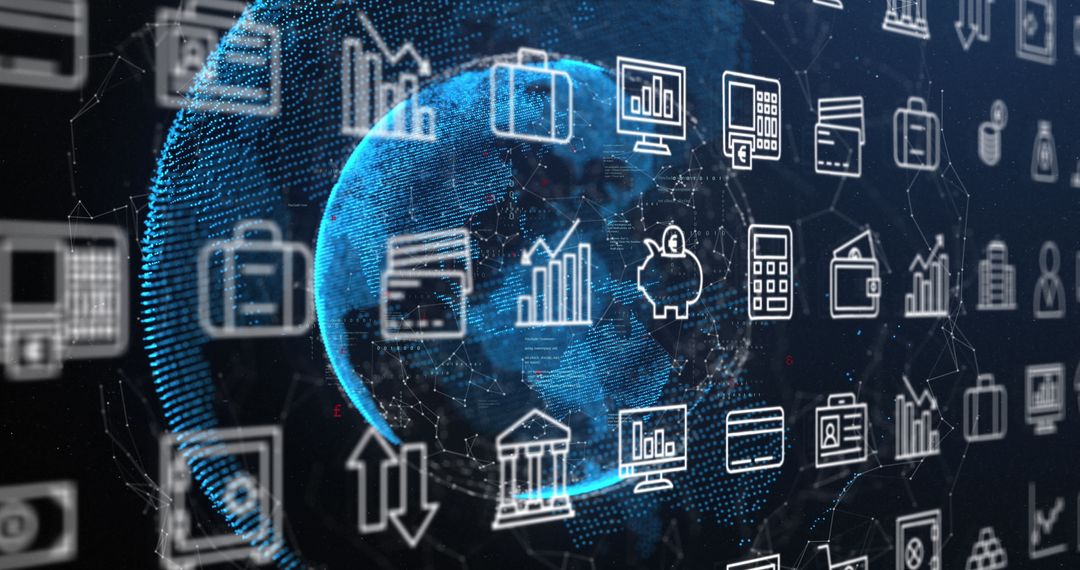 Digital Finance Icons Surrounding Globe in Global Network Concept
