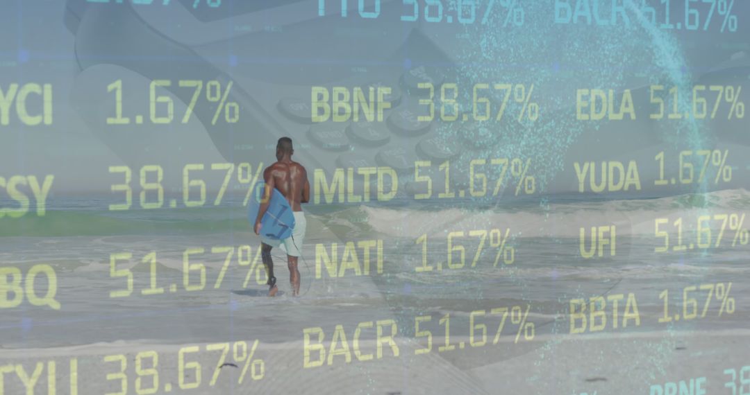 Surfer at Beach with Global Stock Market Overlay