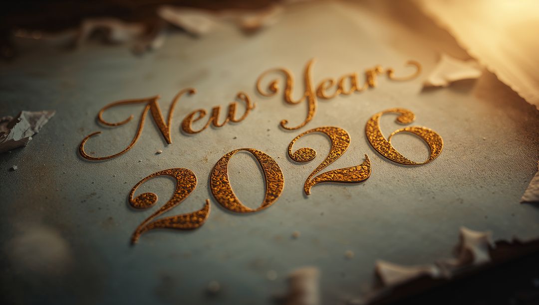 Gold foil New Year 2026 calligraphy on vintage parchment with warm golden glow