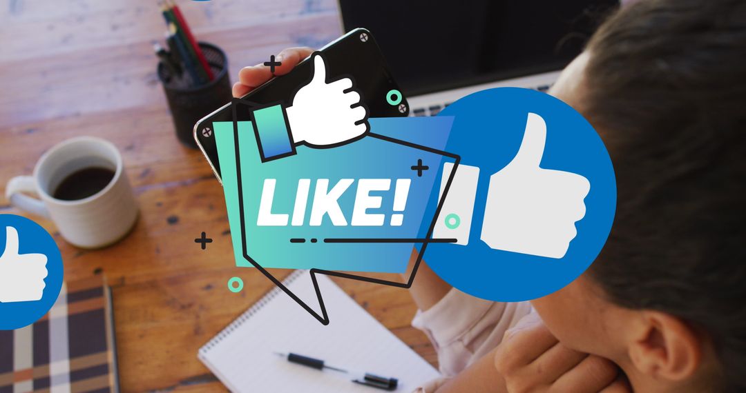 Person Engaging on Smartphone with Like Icons and Text Overlay