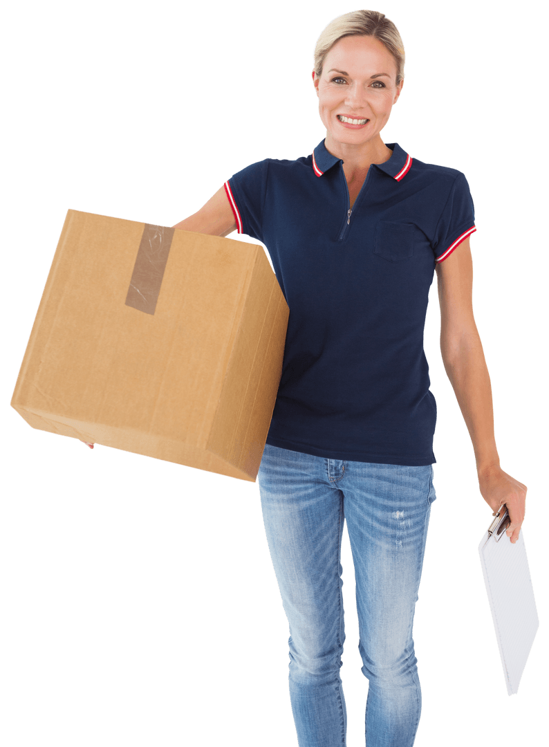 Transparent Happy Delivery Woman with Cardboard Box and Clipboard