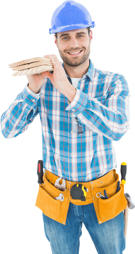 Smiling Carpenter in Hard Hat Carrying Wooden Planks Transparent