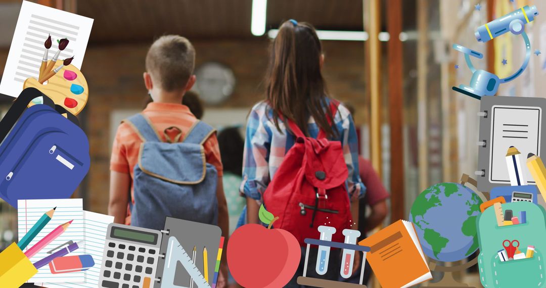 Schoolchildren Walking in Hall with Educational Icons Overlay