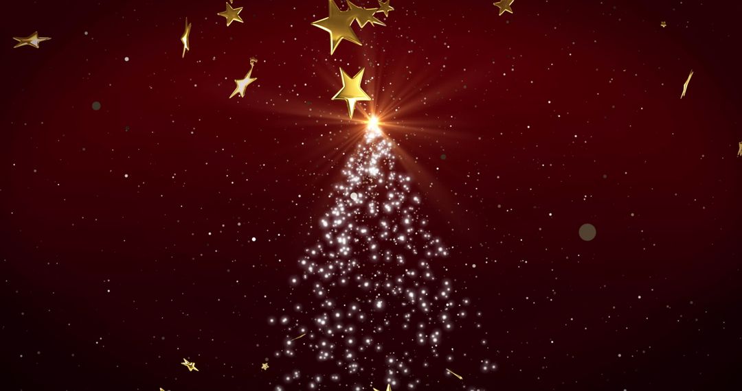 Glowing Christmas Tree with Falling Stars on Red